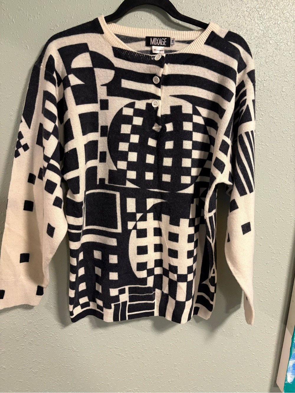 Mixage Black & Cream Geometric 3 Button-Front Sweater